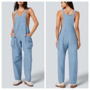 NWT Halara Flex V Neck Side Pocket Stretchy Knit Denim Casual Relaxed Overalls